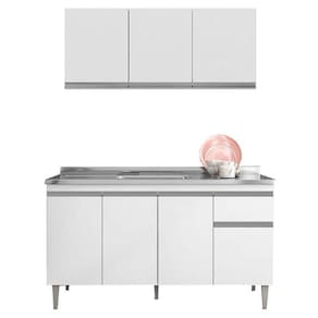 Balcão De Pia Tatiane 145 Cm E Armário Aéreo Andréia 3 Portas 120 Cm Branco Brilho - Ajl