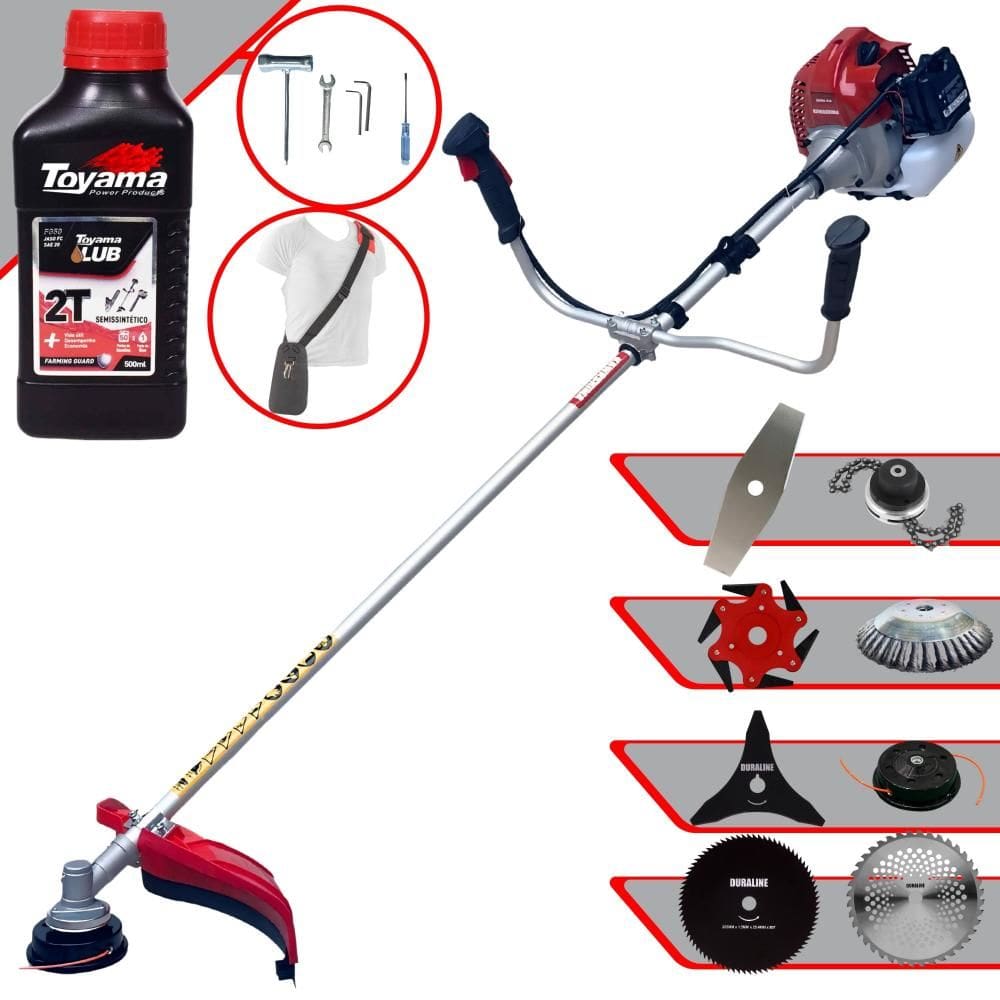 Podador de Grama Kawashima BCJ431L 43cc + Facas 2 Pontas, 3 Pontas, 6 Pontas, 40 Dentes, 80 Dentes, Trimmer, Carretel, Escova de Aço + ÓLEO TOYAMA 2T