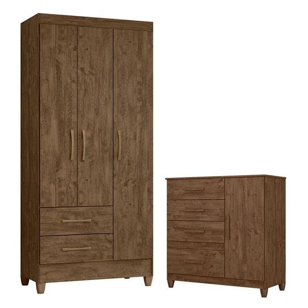 Guarda Roupa Solteiro Lima E Cômoda Vênus Com Pés Castanho Wood – Moval