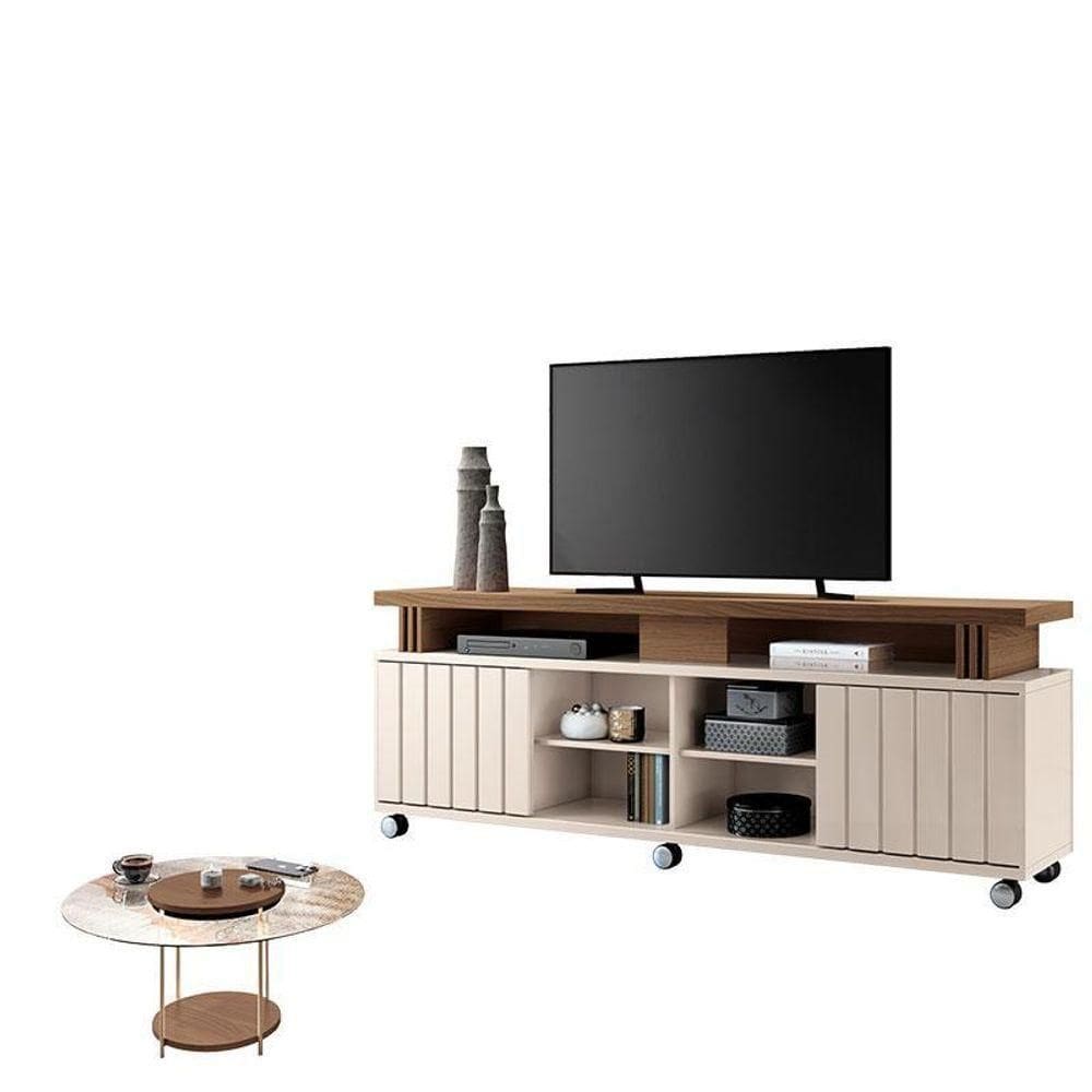 Rack Bancada Rivera Com Mesa De Centro Sky Com Tampo De Vidro Off White Castanho – Hb Móveis