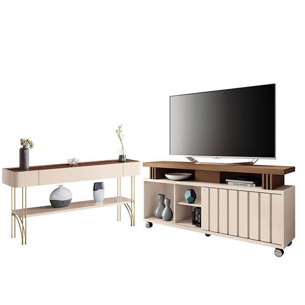 Rack Bancada Rivera Com Aparador Vivant Castanho Off White – Hb Móveis