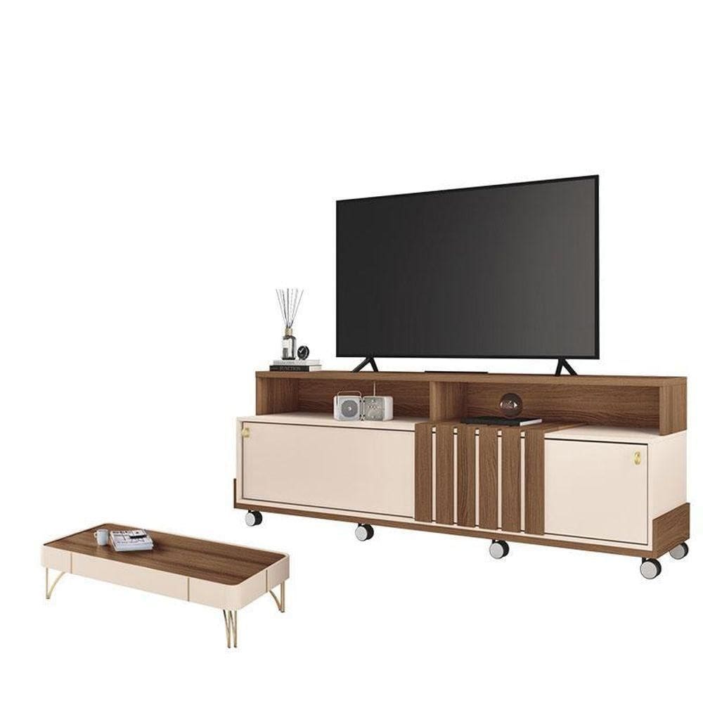 Rack Bancada Graci Com Mesa De Centro Cadenza Castanho Off White – Hb Móveis