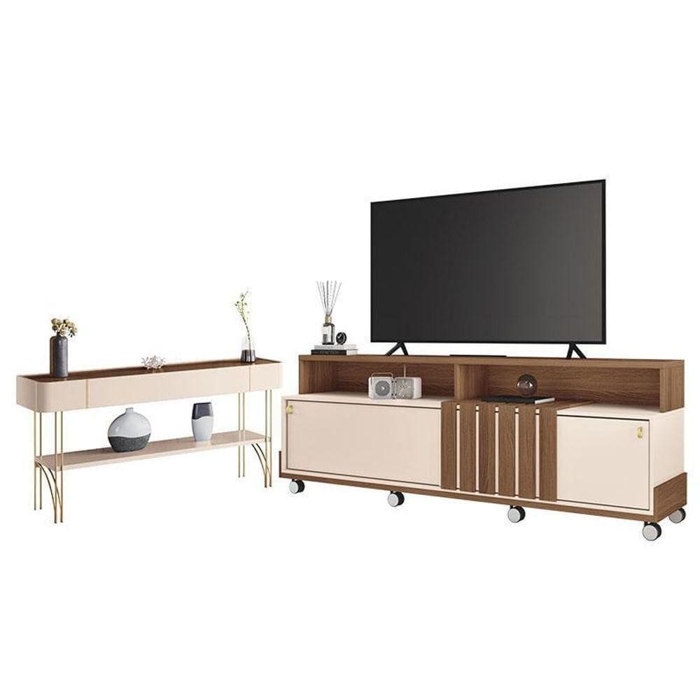 Rack Bancada Graci Com Aparador Vivant Castanho Off White – Hb Móveis