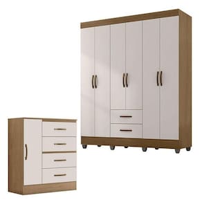 Guarda Roupa Casal 6 Portas E Cômoda 4 Gavetas 01 Porta Lite Nature Off White – Móveis Leão