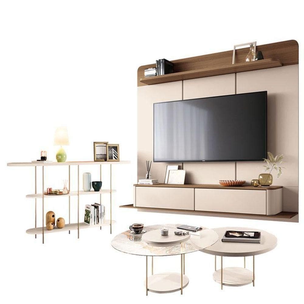 Home Suspenso Galax Castanho Off White E Aparador Infinity E Kit Mesa De Centro Sky Off White- Hb Móveis