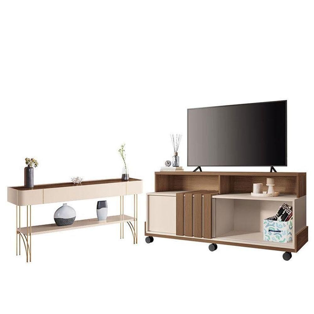 Rack Bancada Graci Com Aparador Vivant Castanho Off White – Hb Móveis