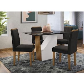 Mesa De Jantar Ambiente Veneza 120x80 Cm Com Vidro Ype Preto E 4 Cadeiras Ana Ype Veludo Preto – New Ceval
