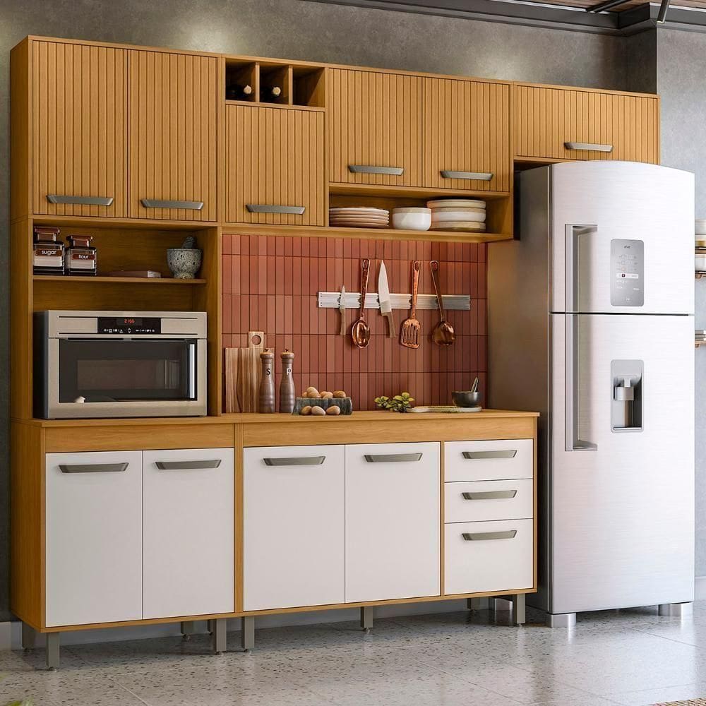 Cozinha Compacta Com Tampo Emily Freijó/ripado/off Acetinado Z44 - Mpozenato