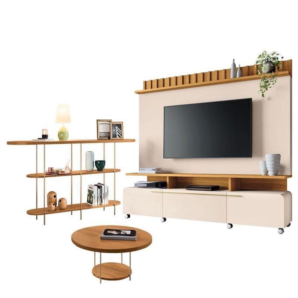 Estante Home Theater Artís Off White Cinamomo E Aparador Infinity E Mesa De Centro Sky Cinamomo– Hb Móveis