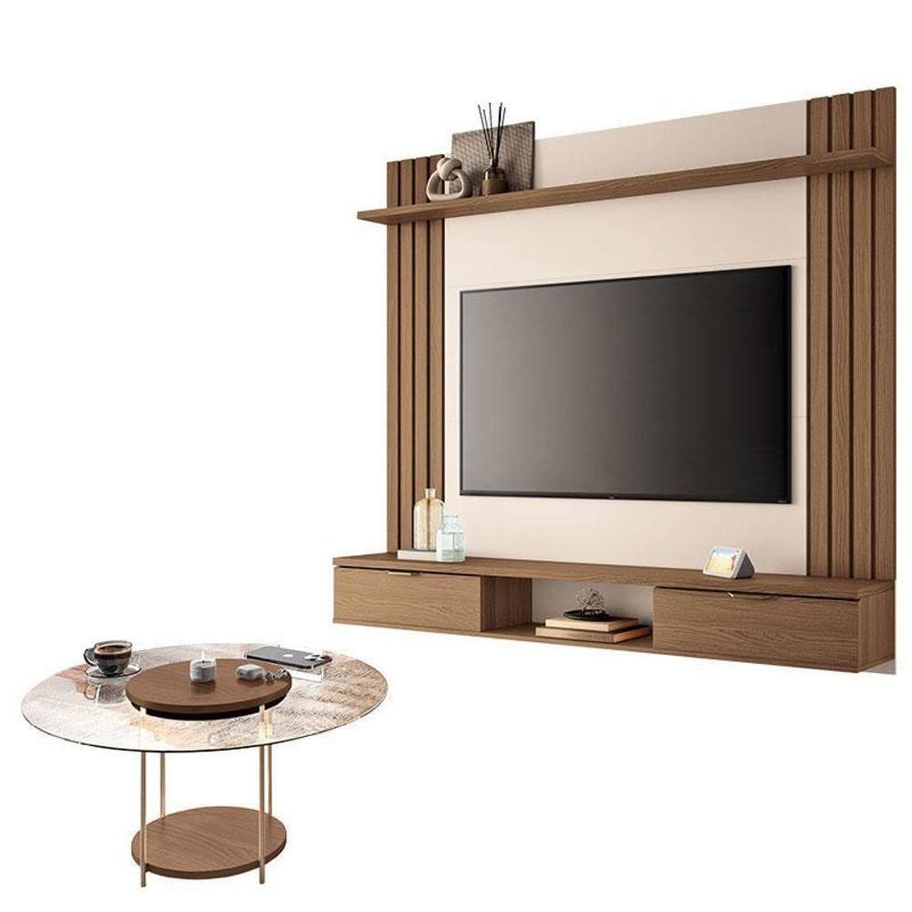 Painel Para Suspenso Solus E Mesa De Centro Sky Com Tampo De Vidro Castanho Off White – Hb Móveis