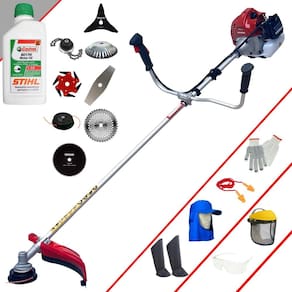 Roçadeira Kawashima BCJ431L 1,7HP 43cc + Facas 2 Pontas, 3 Pontas, 6 Pontas, 40 Dentes, 80 Dentes, Trimmer, Carretel, Escova + EPI + ÓLEO STIHL 2T