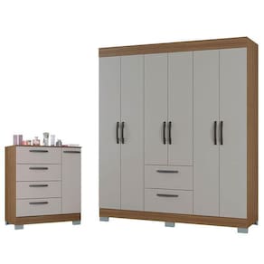 Cômoda 868 4 Gavetas E 1 Porta Com Guarda Roupa Casal Tóquio 6 Portas Castanho Off White - Poquema