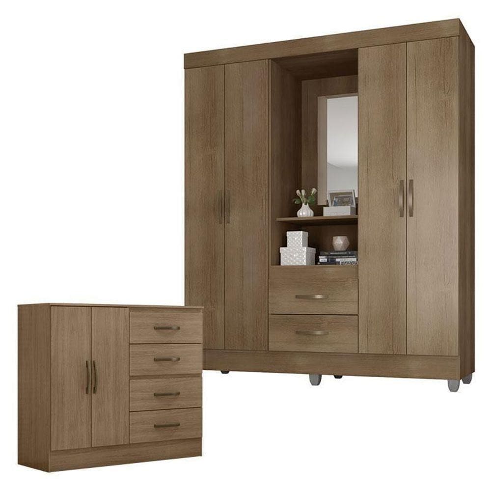 Guarda Roupa Casal Capela E Cômoda 4 Gavetas 2 Portas Lite Carvalho Oak – Móveis Leão