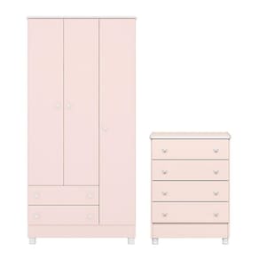Jogo De Quarto Doce Sonho Guarda Roupa 3 Portas E Cômoda 4 Gavetas Rosa Acetinado Com Pés - Qmovi Rosa Acetinado