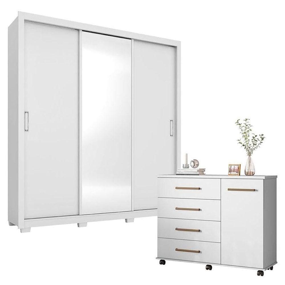 Cômoda Flora E Guarda Roupa Casal Residence Branco Com Pés - Demóbile