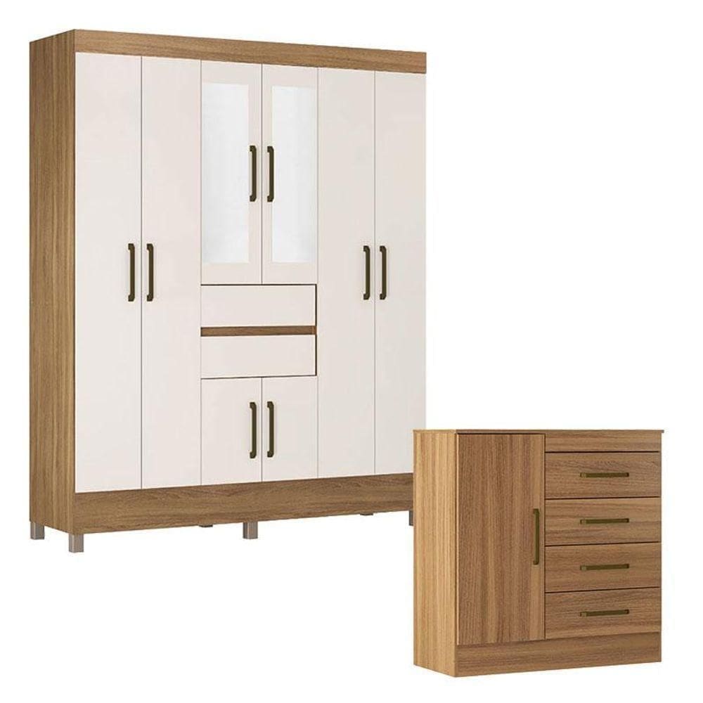 Cômoda Montevidéu E Guarda Roupa Casal Munique Amêndola Off White Com Espelho - Demóbile