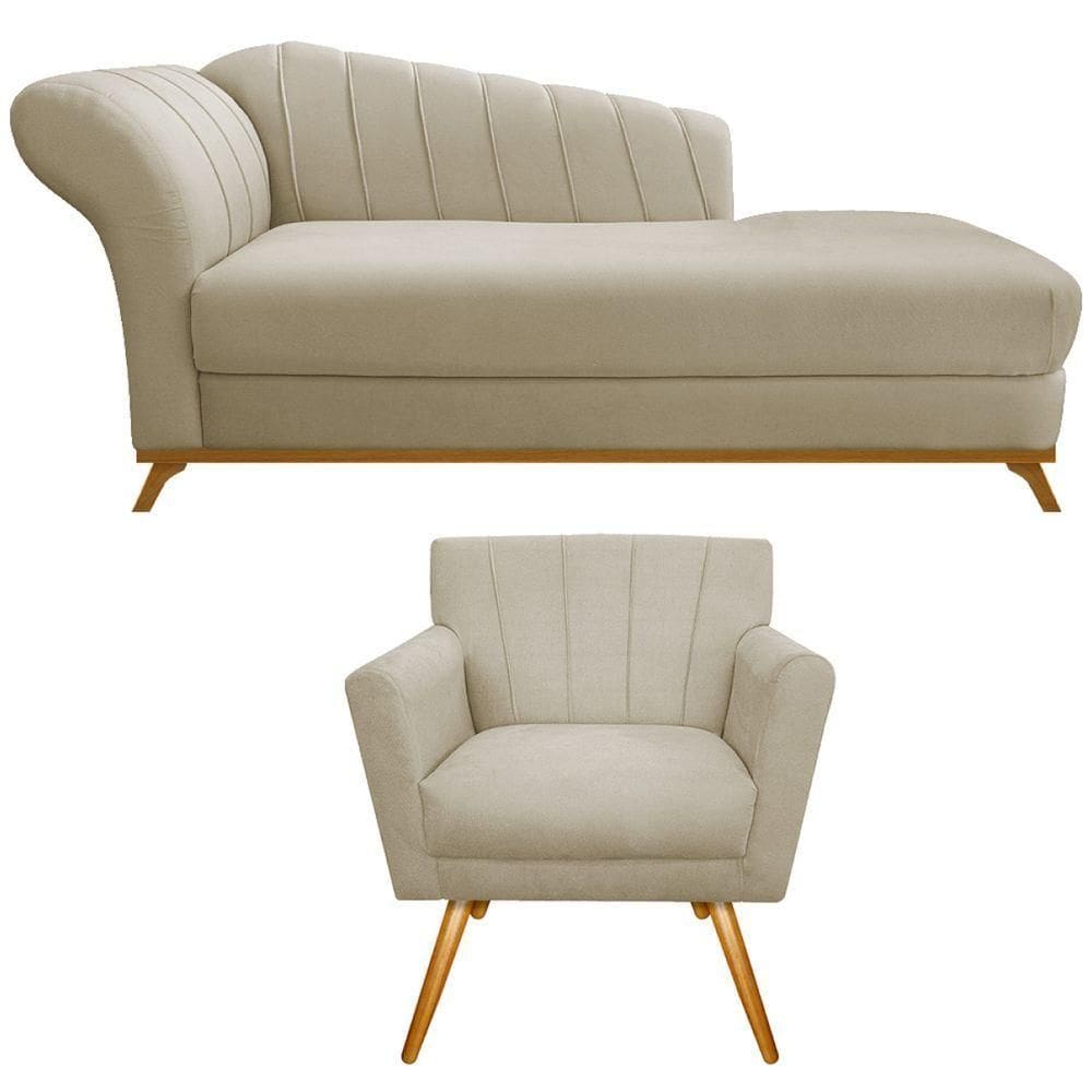 Kit Diva Recamier Vanessa 160cm Lado Direito E 01 Poltrona Laura Linho Cor Bege