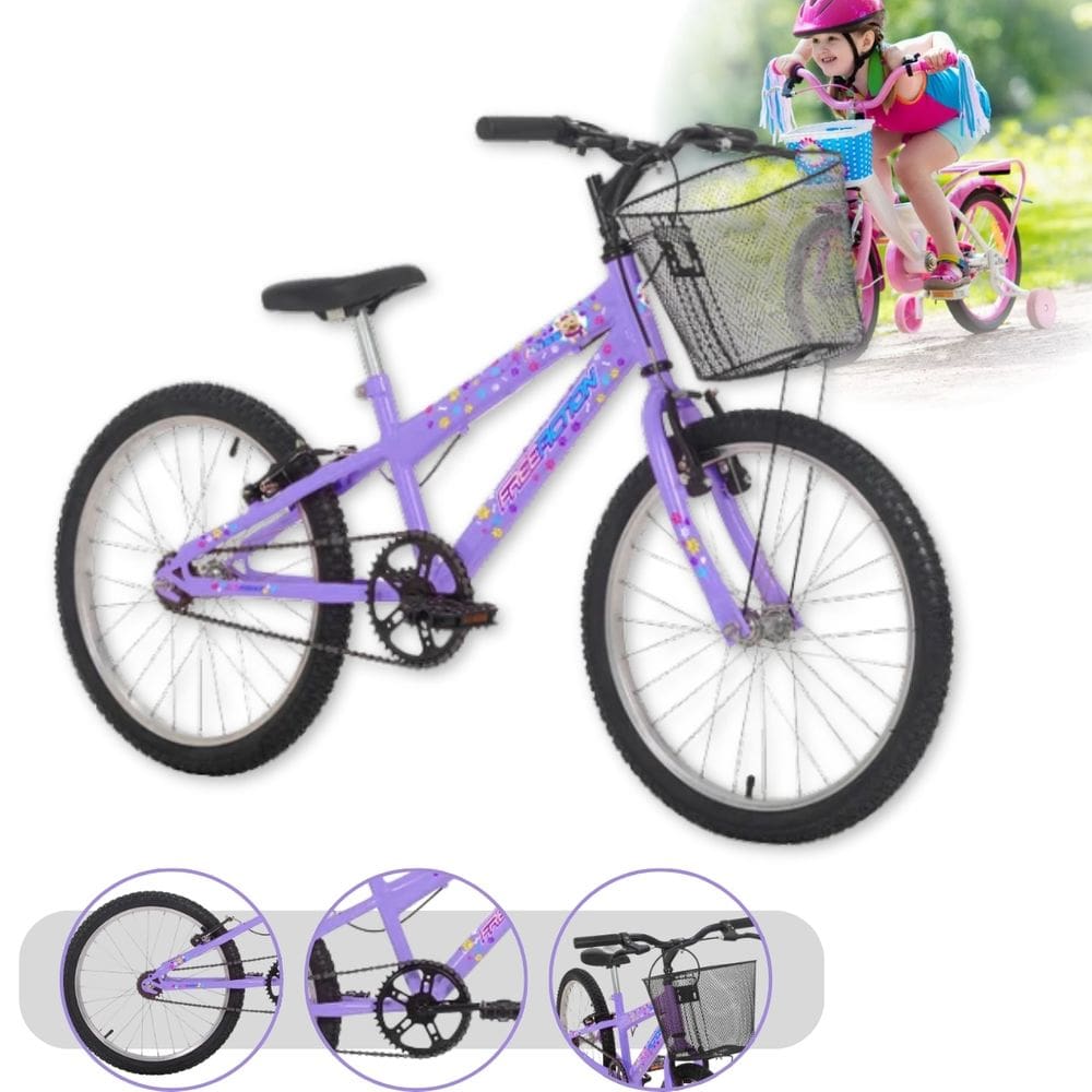 Bicicleta Infantil aro 20 com cesta Lilás MTB quadro 11" rebaixado até 70Kg V Brake Free Action