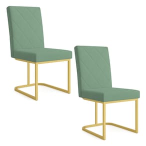 Kit 02 Cadeiras de Jantar Estofada Siena Linho Verde Oliva Base de Ferro Dourada - Pallazio