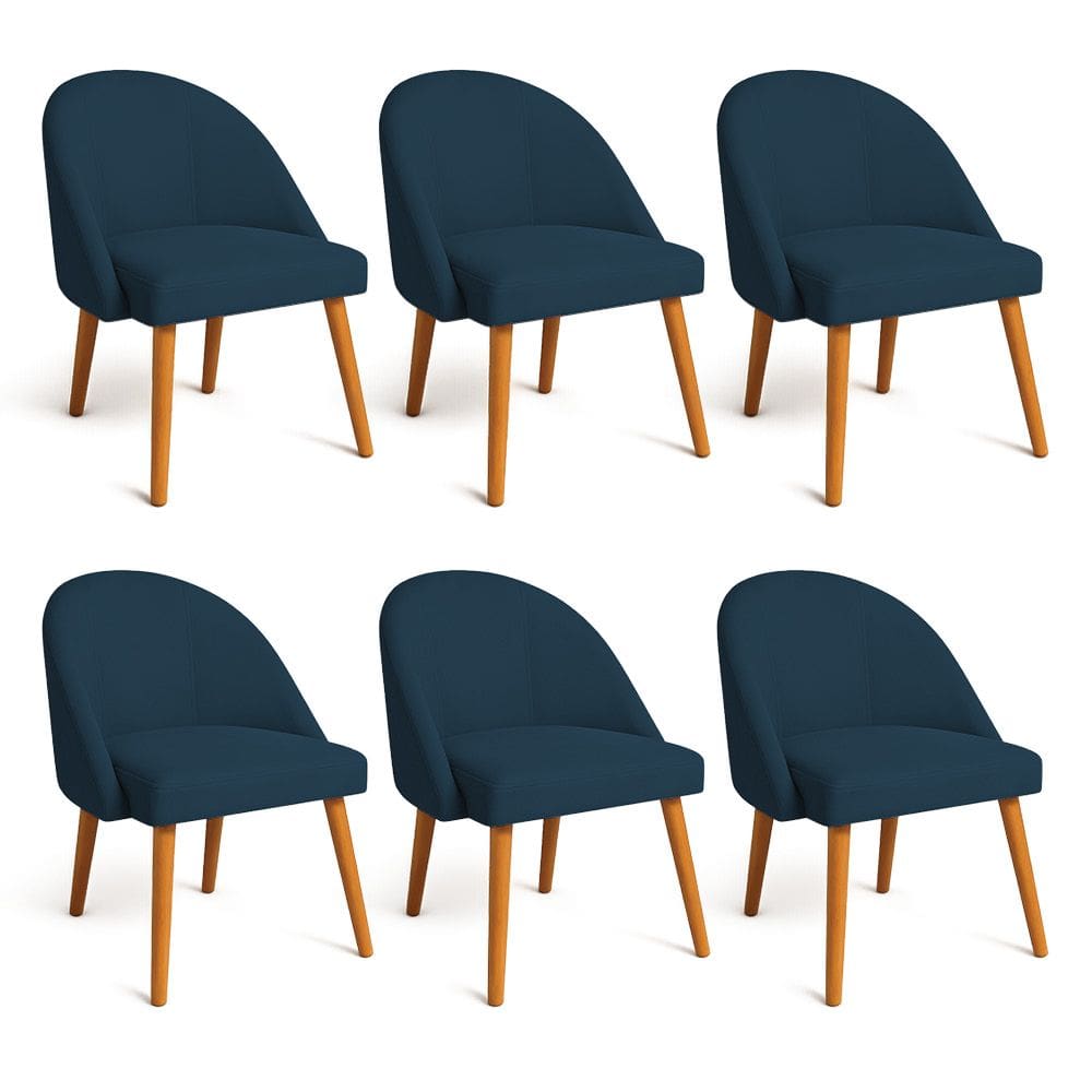 Kit 06 Cadeiras Poltrona de Jantar Luna Suede Azul Marinho Pés Palito Castanho - Pallazio