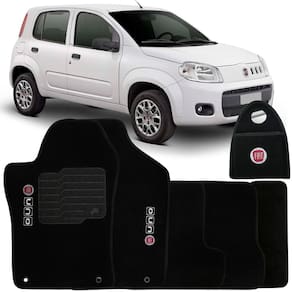 Jogo Tapete Automotivo Carpete + Lixeira Fiat Uno 2011 à 2018 Soft Logo Bordado Preto 6 Peças