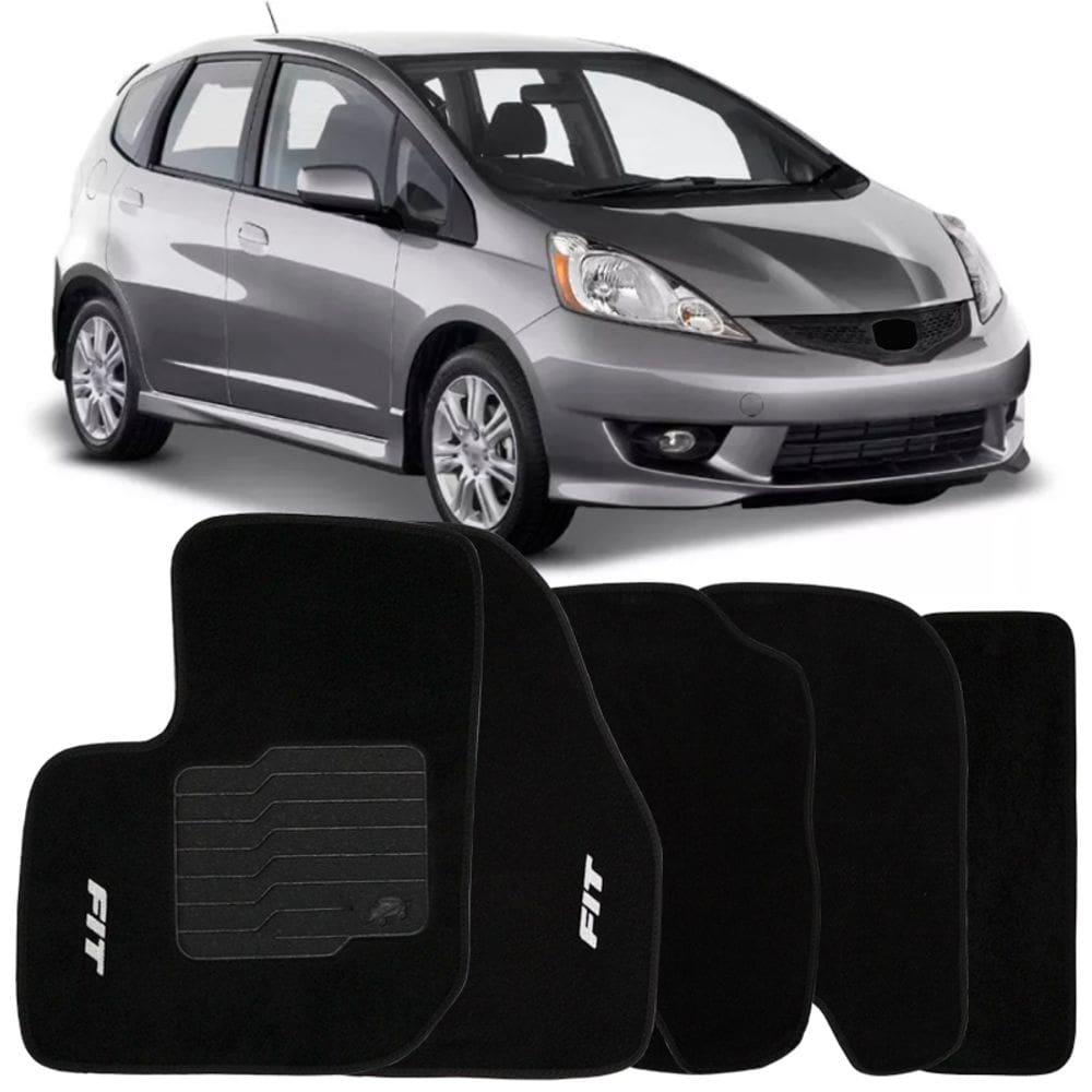 Jogo de Tapete Automotivo Carpete New Fit 2009 à 2014 Soft Logo Bordado Preto 5 Peças