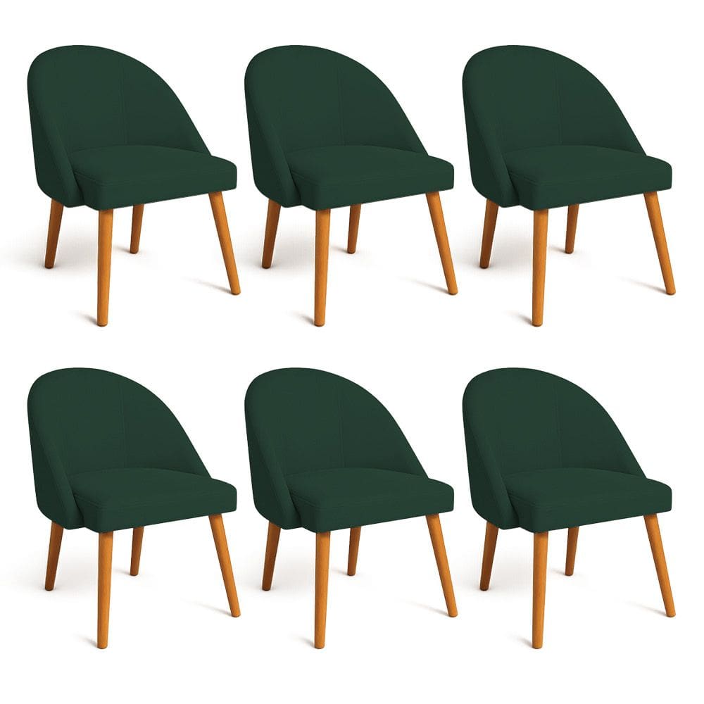 Kit 06 Cadeiras Poltrona de Jantar Luna Suede Verde Pés Palito Castanho - Pallazio