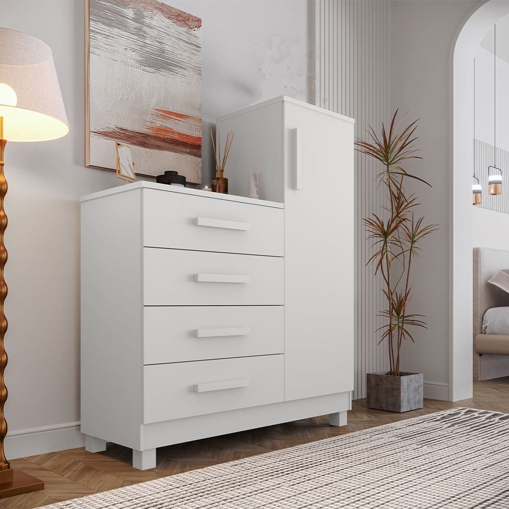 Comoda com 4 Gavetas e 1 Porta Branca Versátil