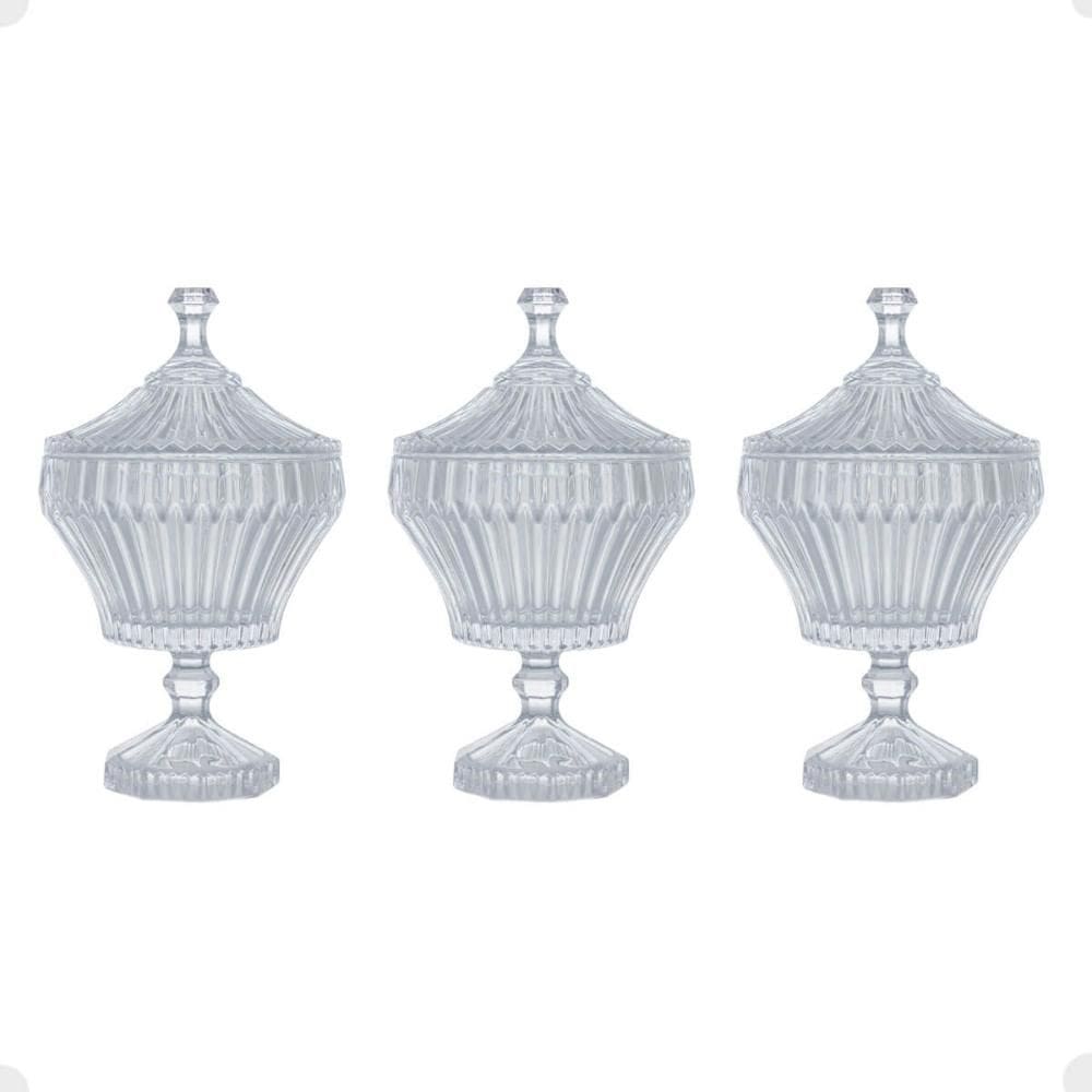Kit 3 Potiches de Cristal Bomboniere com Pé 11,5x20cm Lyor Renaissance Decorativo