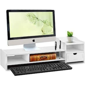 Suporte de monitor, prateleira de computador portátil com gaveta organizadora (branco)
