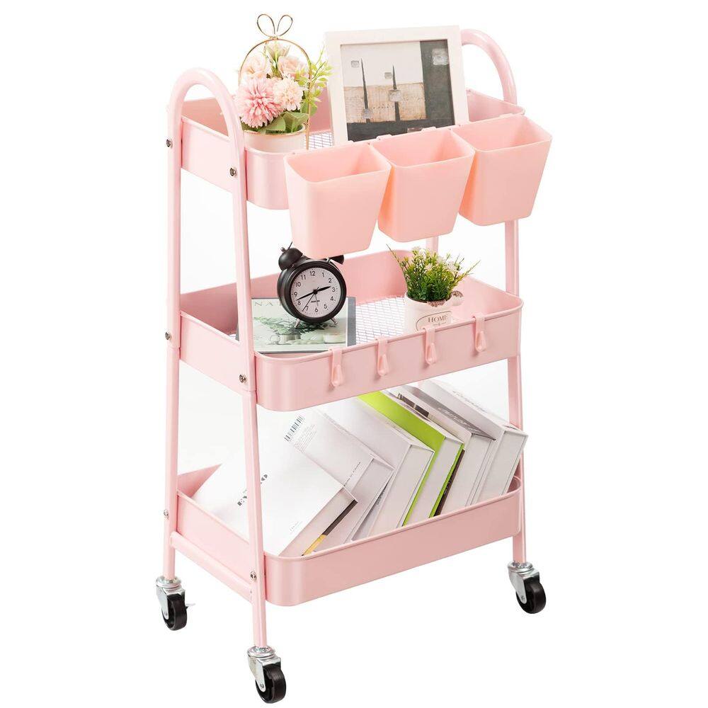 Carrinho rolante danpinera de metal de 3 camadas com rodas com fechadura rosa