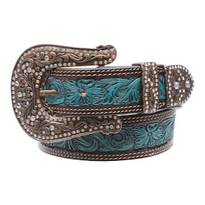 Cinto Feminino Couro Bordado Floral Verde Paul Western 33176