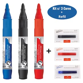 Kit Pincel Marcador Para Quadro Branco Recarregável 3 Cores + 3 Refis - Faber-Castell