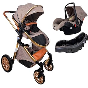 Carrinho De Bebe Europeu Luxo 3 Em 1 Ares Plus Marrom Grena + Bebe Conforto + Base - Passear Baby