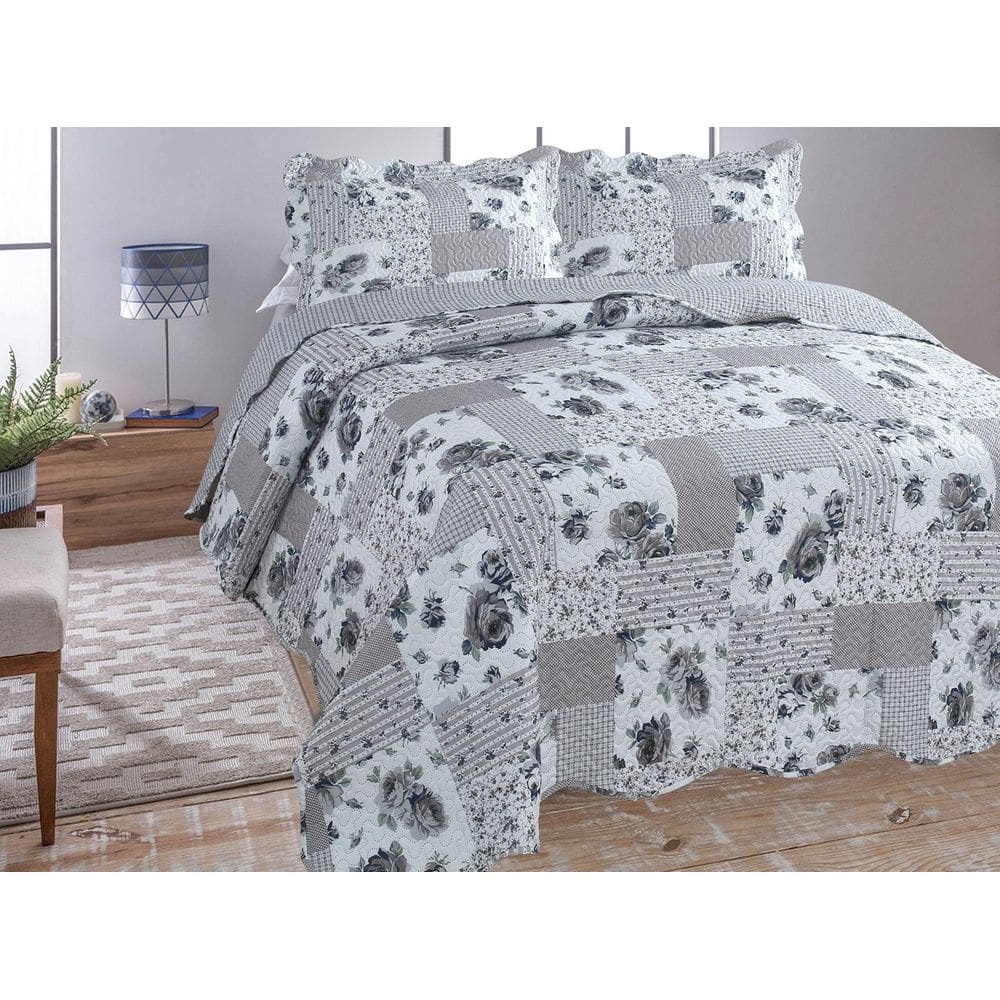 Jogo Colcha Cobre Leito Estampada Dupla Face Queen Ultrassonic 240x260cm - Colcha Jau Cinza