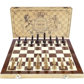Conjunto de xadrez AMEROUS dobrável magnético de madeira com compartimentos de armazenamento