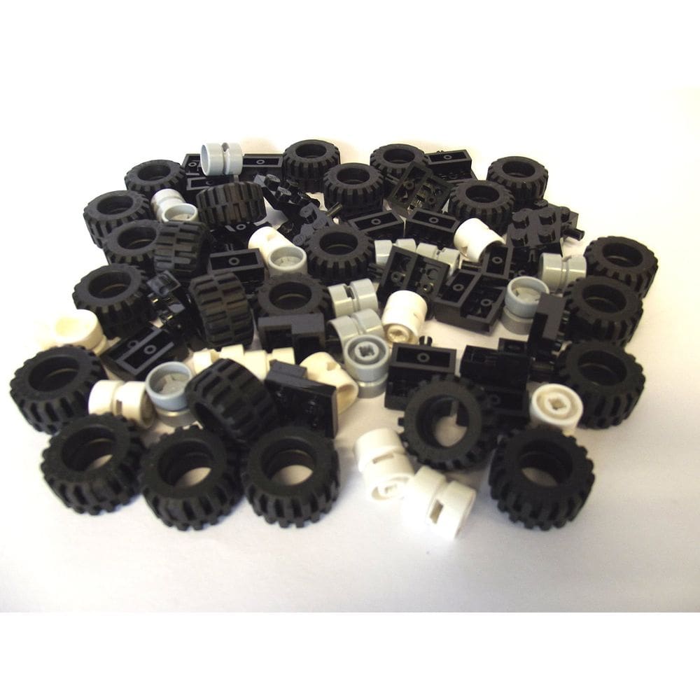 Conjunto de rodas, pneus e eixos LEGO City preto, branco, cinza claro, 72 unidades