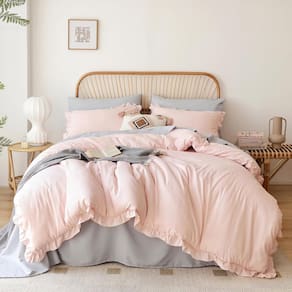 Conjunto de edredom JANZAA rosa em tamanho real com 1 edredom com babados