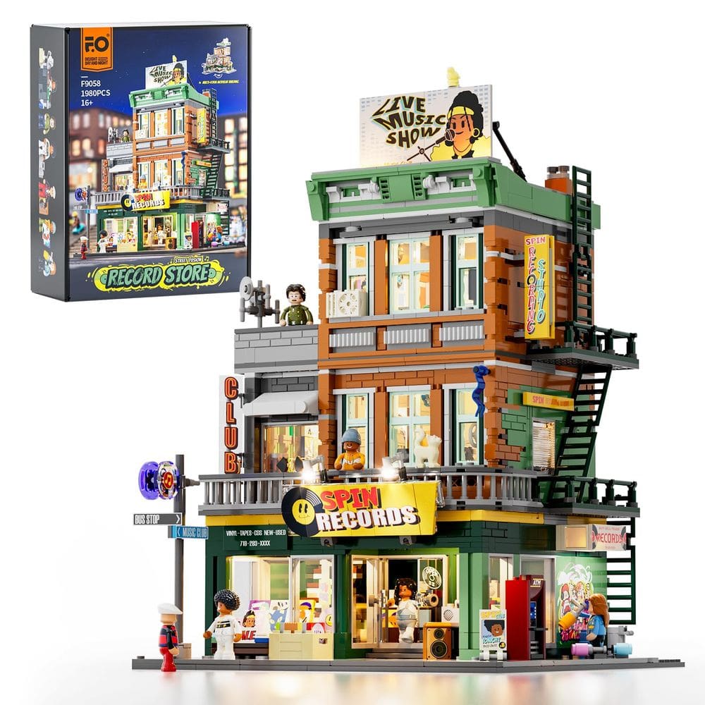 Conjunto de tijolos de construção FUNWHOLE Record Store com luzes 1980 unidades