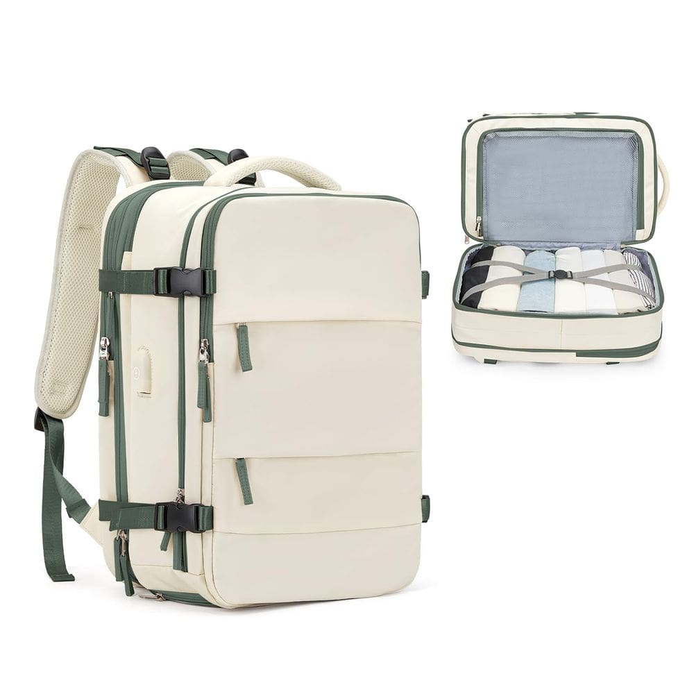 Mochila Coofay Casual Travelling expansível A-bege com verde