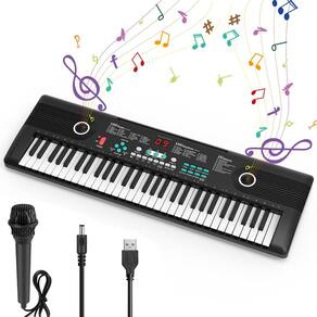 Piano de teclado Wfhdtx 61 teclas com alto-falante e microfone preto