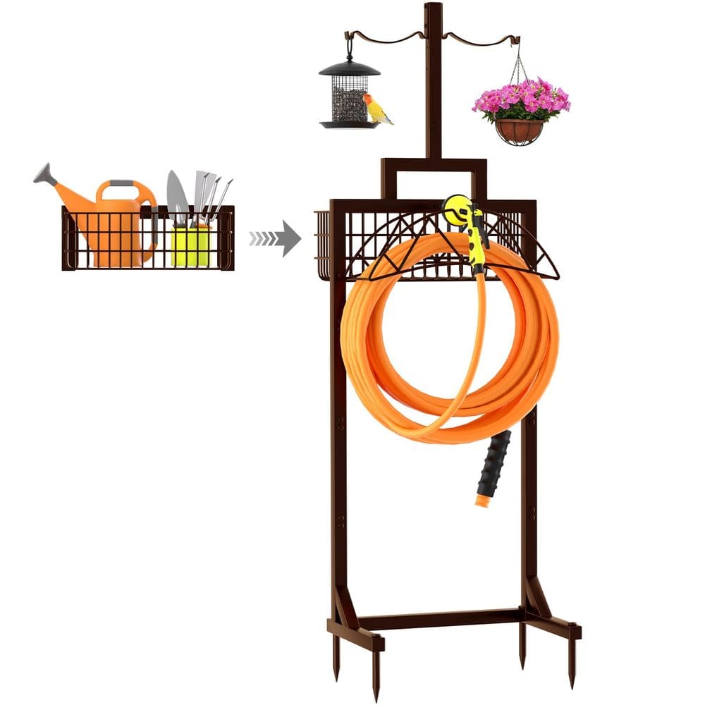 Suporte de mangueira de jardim DMDG Heavy Duty com armazenamento de ferramentas marrom