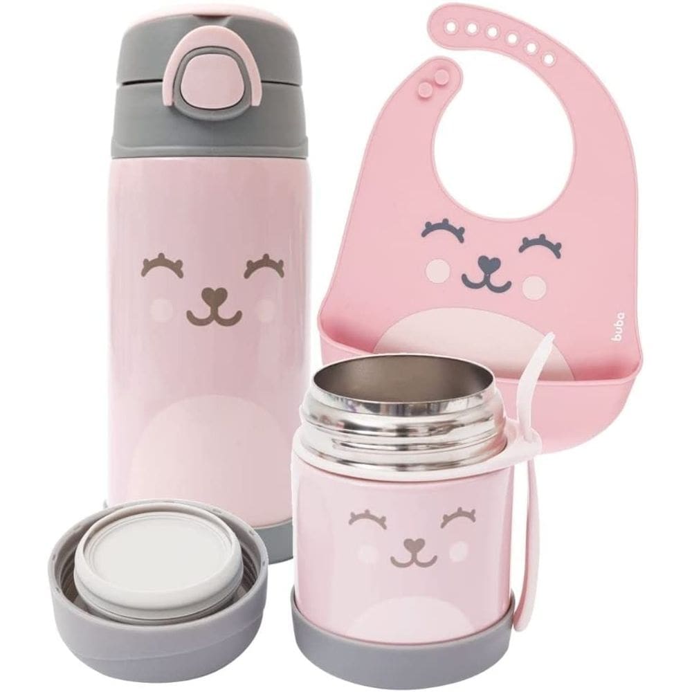 Kit Alimentacao Infantil Babador + Garrafa E Pote Termico Rosa - Buba