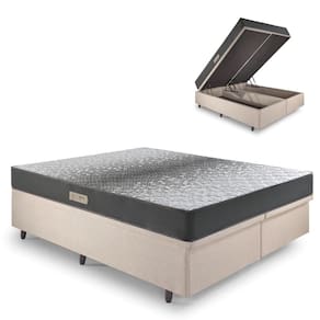 Cama Baú Casal 138x188 Bipartido Linho Bege com Dual Firm Espuma Ecoflex