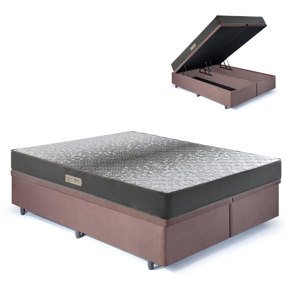 Cama Baú Casal 138x188 Bipartido Suede Marrom com Dual Firm Espuma Ecoflex