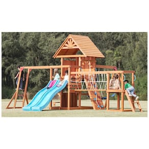 Playground Dolphin Playground T em Madeira com Escorregador, Parede de Escalada, Barra de Macaco, Ponte com Rede, Mesa e Balanço para