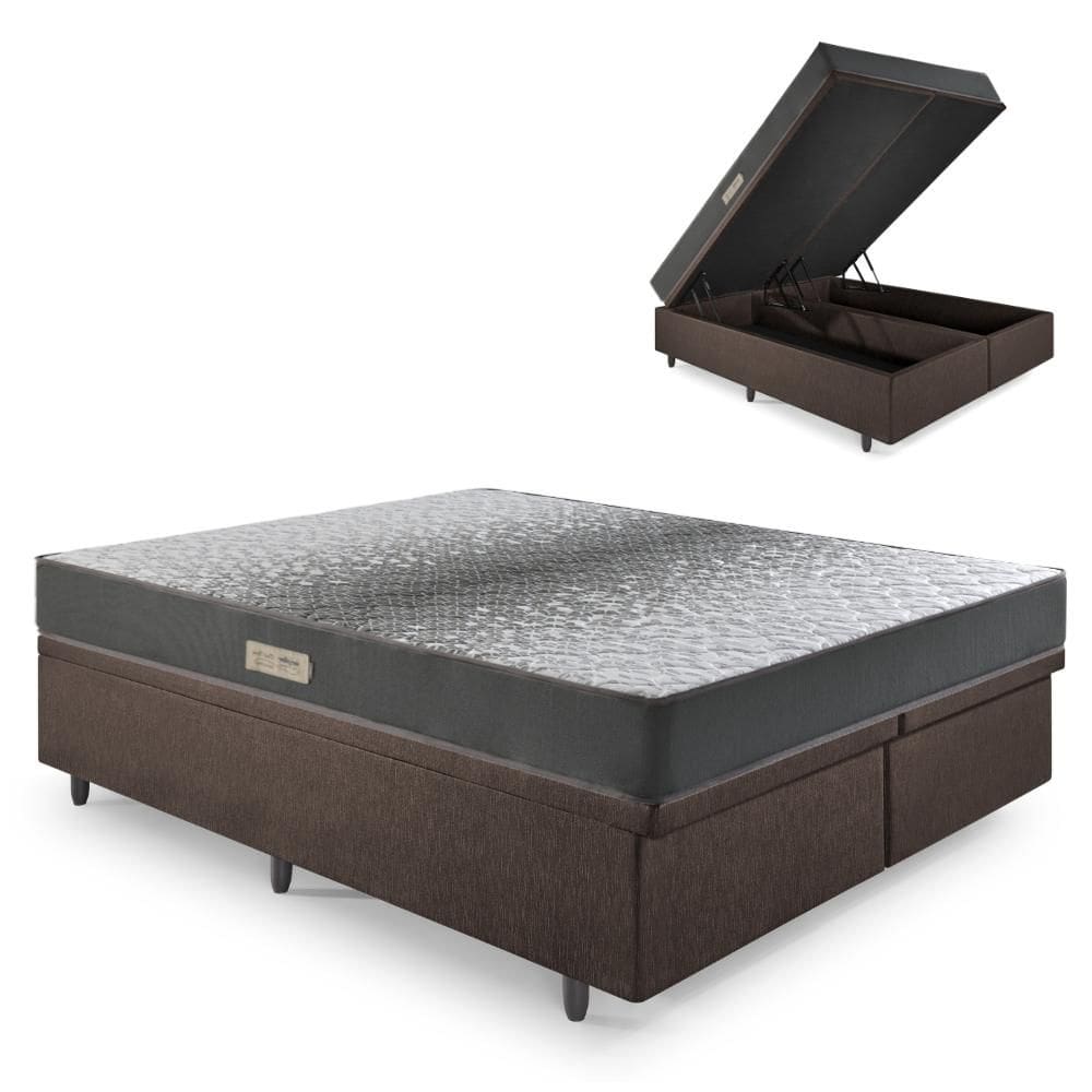 Cama Baú Casal 138x188 Bipartido Courino Linho Marrom com Dual Firm Espuma Ecoflex