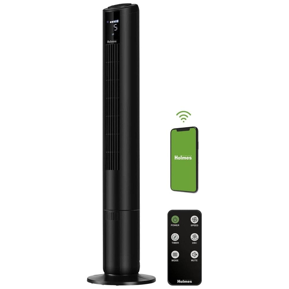 Ventilador de Torre com Tela Digital, Controle de Voz, Oscilação de 90 e 5 Velocidades, 110V, HOLMES, Preto
