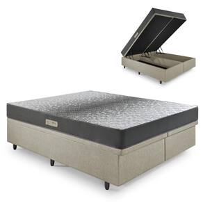 Cama Baú Casal 138x188 Bipartido Courino Linho Bege com Dual Firm Espuma Ecoflex