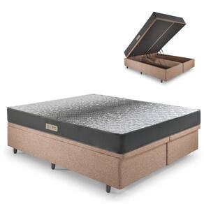 Cama Baú Casal 138x188 Bipartido Linho Marrom com Dual Firm Espuma Ecoflex